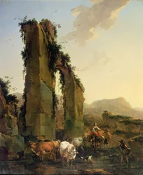 Bauern mit Vieh an einem zerstörten Aquädukt, um 1655-60