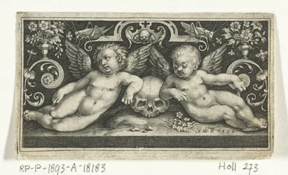 Zwei kämpfende Kinder, reitend auf Böcken, flankiert von Kindern, die Trompeten blasen