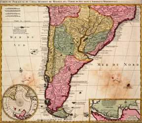 Karte von Paraguay, Chile, Magellanstraße und Feuerland in Südamerika, ca. 1720 (farbige Gravur)