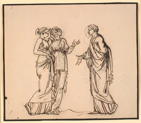 Antike Szene mit drei Figuren, ein Mann spricht mit zwei Frauen