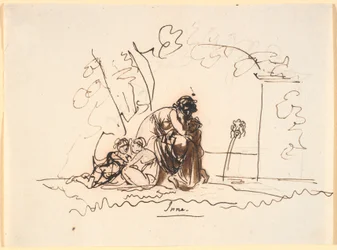 Eine Frau, die an einer Quelle mit drei kleinen Kindern sitzt