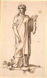 Eine Frauenfigur mit einem Krug in der rechten Hand