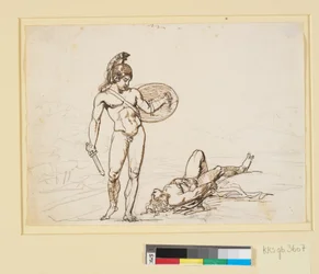 Griechische Kampfszene, ein nackter Held betrachtet seinen gefallenen Gegner