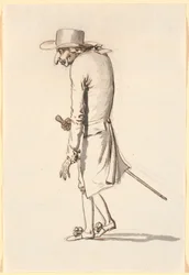 Karikatur eines krummgebogenen Mannes, der nach links geht, mit einem Stock in der rechten Hand