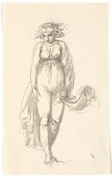 Frauenfigur en face, mit von Wind gepresster Kleidung