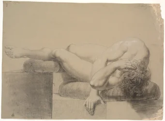 Liegendes Modell. Nach links. Kopf und Oberkörper ruhen auf einem Kissen, Beine angehoben und linkes Bein auf einem anderen Kissen ruhend