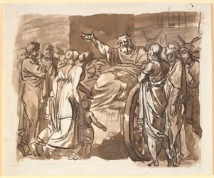 Peisistratos beklagt sich bei den Athenern über den Überfall, von dem er sagt, dass er das Ziel war. Er sitzt auf einem eselsgezogenen Karren, umgeben von zahlreichen Menschen