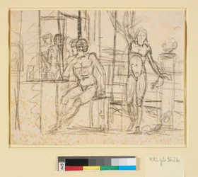 Szene mit nackten Figuren, in der Mitte ein sitzender Mann, rechts ein stehender Mann mit erhobenem Arm
