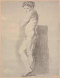 Stehendes Modell. Profil links. Arme über der Brust verschränkt. Füße gekreuzt