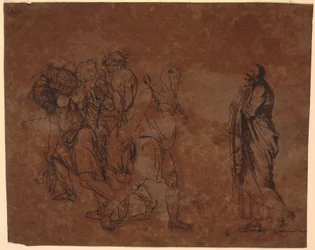 Studie von Simo, Sosie und den Sklaven, im Bild mit diesen Figuren. [Simo vertraut sich Sosia an]