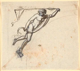 Schwebende Figur mit einem Drachen in der Hand