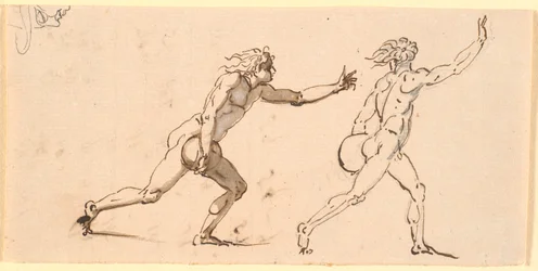 Zwei nackte Männer, nach rechts laufend, jeder mit einem großen Stein in der einen Hand, sowie eine Skizze eines Profils