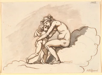 Venus, sitzend in den Wolken, umarmt Amor