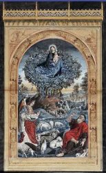 Kopie des brennenden Buschs. Moses auf dem Berg Sinai zieht seine Schuhe aus. Um ihn herum ein Engel, die Jungfrau und Christus und eine Schafherde