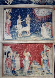 Apokalypse-Wandteppich (1373-1383), Nr. 44: Das Tier der Erde lässt Feuer vom Himmel fallen. Unten, Nr. 51, der dritte Engel und das Lamm. Wandteppich von Nicolas Bataille (1330-1405)