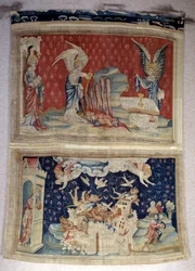 Apokalypse-Wandteppich (1373-1383), Nr. 59: Die zweite und dritte Flasche werden über das Meer und die Gewässer gegossen. Unten, Nr. 66, Babylon wird von Dämonen überfallen. Wandteppich von Nicolas Bataille (1330-1405)