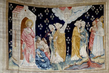 Hängung der Offenbarung (1373-1383), Nr. 28: das Wunder. Treue Diener Gottes und Propheten betrachten den in Blut verwandelten Fluss. Tapisserie von Nicolas Bataille (1330-1405)