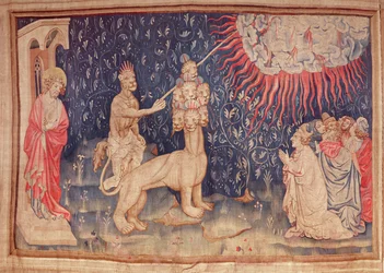 Das Tier der Erde lässt Feuer vom Himmel fallen, aus dem Apokalypse-Wandteppich von Angers