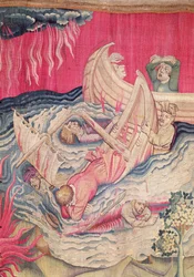 Die zweite Trompete und das Schiffswrack, Detail der sinkenden Schiffe, Nummer 21 aus der Apokalypse von Angers, 1373-87
