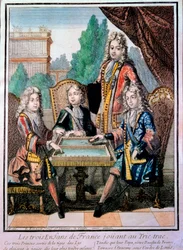 Die Enkel von Ludwig XIV., Louis Herzog von Burgund, Philippe Herzog von Anjou und Charles Herzog von Berry mit ihrem Vater, Louis, Dauphin von Frankreich, beim Trictrac-Spiel