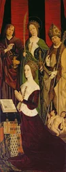 Triptychon von Moses und dem brennenden Dornbusch, rechte Tafel zeigt Jeanne de Laval (gest. 1498) mit St. Johannes, St. Katharina und St. Nikolaus, um 1476