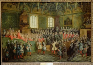 Bett der Gerechtigkeit im Parlament bei der Volljährigkeit von Ludwig XV. (1710-74), 22. Februar 1723