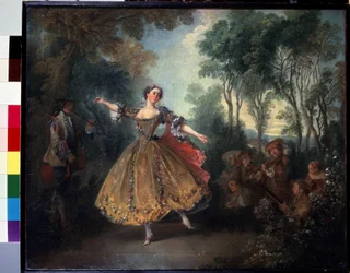 „Die tanzende Camargo“. Marie Anne de Cupis Camargo, genannt La Camargo (1710-1770), beim Tanzen. Gemälde von Nicolas Lancret (1690-1743). Anfang des 18. Jahrhunderts. Maße 45x55 cm. Eremitage, Sankt Petersburg.