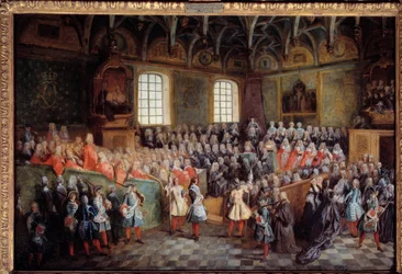 Lit de justice gehalten von der Mehrheit von König Ludwig XV. in der Großen Kammer des Parlaments von Paris am 22. Februar