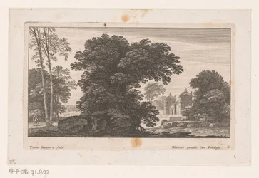 Landschaft mit Bäumen und Landhaus