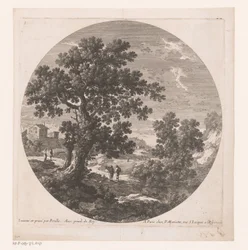 Landschaft mit Baum und Spaziergängern