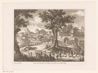Landschaft mit Gruppe tanzender und sprechender Menschen