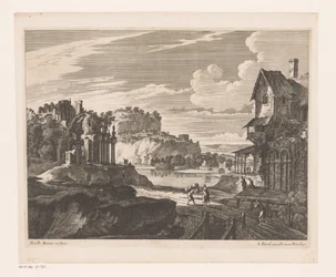 Landschaft mit Häusern und Ruinen entlang des Flusses