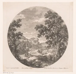 Landschaft mit Spaziergängern und Lasttier