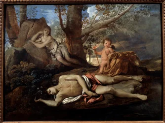 Echo und Narziss. Illustration zur Legende, die Ovid in „Die Metamorphosen“ inspirierte. Gemälde von Nicolas Poussin (1594-1665) 17. Jahrhundert