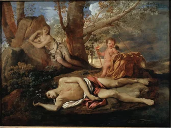 Echo und Narziss, Illustration zur Legende, die Ovid in „Metamorphosen“ inspirierte, Gemälde von Nicolas Poussin