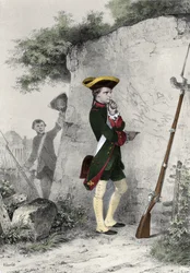 Napoleon I. Bonaparte (1769 - 1821) in der Militärschule von Brienne im Jahr 1783. Gravur von Charlet aus dem 19. Jahrhundert