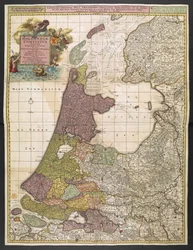 Karte von Holland, zeigt Siedlungen, Sümpfe, Wälder, Hügel, Straßen, Flüsse und andere geografische Merkmale. Zeigt den Titel in einer dekorativen Kartusche oben links mit Ruhm, Neptun und Thetis, begleitet von Putti, die die Wappen der Vereinigten Provinz