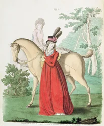 Eine Dame geht im Reitkleid aus Nikolaus Heideloffs Galerie der Mode, Band II, Juni 1795