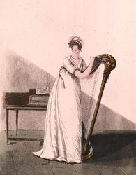 Junge Frau mit einer Harfe aus Heideloffs "Galerie der Mode", frühes 19. Jahrhundert (farbige Gravur)