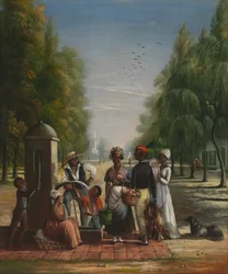 Diener an einer Pumpe, ca. 1840