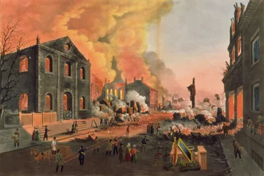 Ansicht der Ruinen nach dem großen Brand in New York, 16.-17. Dezember 1835, graviert von W.I. Bennett, veröffentlicht von L.P. Glover, New York, 1835
