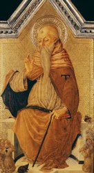 Der heilige Antonius Abt auf dem Thron mit Mitgliedern einer Bruderschaft
