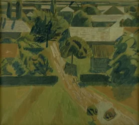 Landschaft mit Häusern und einer Straße, wo zwei Menschen niederknien