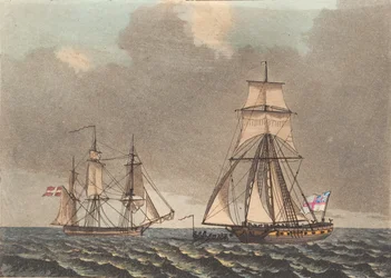 Ein englischer Kaper inspiziert ein dänisches Schiff, das aufbricht