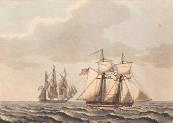 Ein dänisches Schiff und eine amerikanische Schoner bei Seitenwind