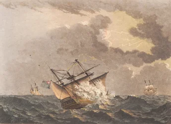 Ein englisches Schiff vom Blitz getroffen