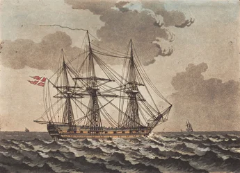 Ein Kriegsschiff vor Anker in einem Sturm