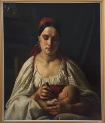 Russische Bäuerin füttert ihr Baby mit einem Kuhhorn