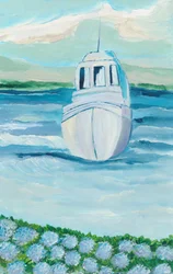 Weißes Boot Blaue Hortensien