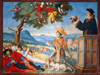 Der Tod geht mit seiner Sense in Aktion und die Menschen fallen wie tote Blätter, Predigt von Memento Mori aus dem Totentanz-Zyklus von Albrecht Kauw